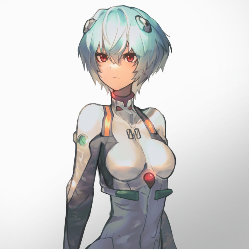 ayanami_rei blue_hair bodysuit breasts grey_background hair_between_eyes highres ice_calm looking_at_viewer mecha_pilot_suit medium_hair neon_genesis_evangelion nerv plugsuit_(evangelion) red_eyes small_breasts white_bodysuit