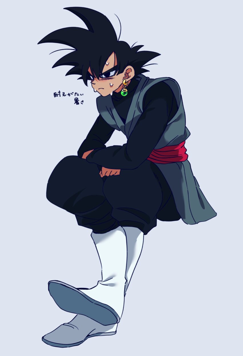 1boy black_bodysuit black_eyes black_hair black_pants bodysuit boots dougi dragon_ball dragon_ball_super earrings frown goku_black highres invisible_chair japanese_text jewelry komesan_0212 long_sleeves pants potara_earrings red_sash saiyan sash sitting solo spiked_hair sweat white_background white_boots