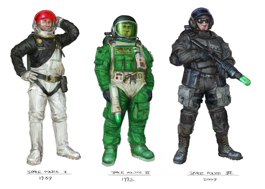 3boys absurdres ammunition_pouch astronaut badge boots copyright_name energy_gun energy_weapon helmet highres humanization lego_minifig lego_space_police looking_at_viewer multiple_boys original police_badge pouch smile space_helmet spacesuit sunglasses the_lego_group walkie-talkie weapon whaleoil