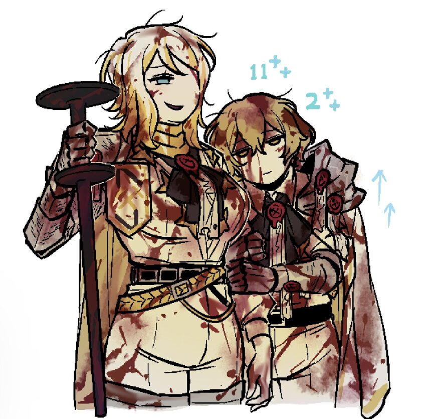 1boy 1girl arm_hug armor black_bow black_bowtie blonde_hair blood blood_in_hair blood_on_clothes blood_on_face bow bowtie cape cowboy_shot faust_(project_moon) gameplay_mechanics gauntlets highres limbus_company multicolored_hair n_corp._fanatic_(identity)_(project_moon) ohzv open_mouth pants pauldrons project_moon shirt short_hair shoulder_armor simple_background sinclair_(project_moon) smile streaked_hair wax_seal white_background white_cape white_hair white_pants white_shirt