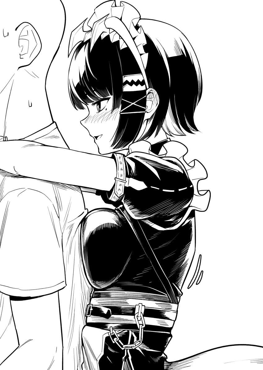 1girl 1other absurdres apron arms_around_neck bald breast_press breasts chain dress ellen_joe fins fish_tail from_side greyscale hair_ornament hairclip highres hug hug_from_behind light_blush looking_at_another maid maid_apron maid_headdress medium_breasts mole mole_under_eye monochrome motion_lines open_mouth police_riot_(artist) profile puffy_short_sleeves puffy_sleeves shark_tail shirt short_hair short_sleeves sidelocks smile sweat tail turtleneck turtleneck_dress underbust upper_body x_hair_ornament zenless_zone_zero