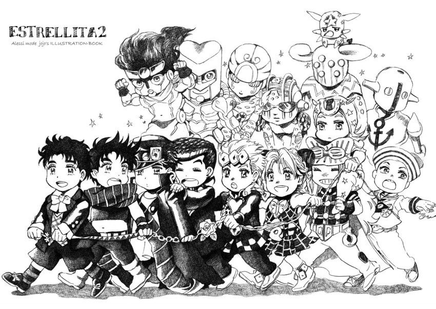 1girl 6+boys aged_down ball_breaker_(stand) battle_tendency braid bud_(korovsme) chain chibi cleavage_cutout clothing_cutout crazy_diamond diamond_is_not_crash double_bun family father_and_son fingerless_gloves flower formal_clothes giorno_giovanna gloves gold_experience graphite_(medium) greyscale gyro_zeppeli hair_bun hat higashikata_josuke higashikata_josuke_(jojolion) johnny_joestar jojo_no_kimyou_na_bouken jojolion jonathan_joestar joseph_joestar joseph_joestar_(young) kuujou_jolyne kuujou_joutarou monochrome multiple_boys peaked_cap phantom_blood pompadour ribbon rose scarf school_uniform soft_&amp;_wet soft_&amp;_wet_(stand) stand_(jojo) star_platinum stardust_crusaders steel_ball_run stone_free stone_ocean string suit traditional_media tusk_(stand) tusk_act1 uncle_and_nephew vento_aureo