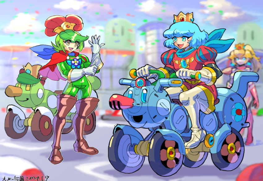 1girl 2boys absurdres androgynous ascot blonde_hair blue_hair bob_cut bodysuit boots cape crown earrings eyelashes full_body gloves green_hair highres jewelry male_focus mario_(series) mario_kart motor_vehicle multiple_boys nintendo oomasa_teikoku open_mouth personification prince prince_florian prince_haru princess_peach puffy_short_sleeves puffy_sleeves red_cape riding short_hair short_sleeves standing super_mario_bros.:_peach-hime_kyushutsu_dai_sakusen! super_mario_bros._wonder thigh_boots white_gloves worm yellow_eyes