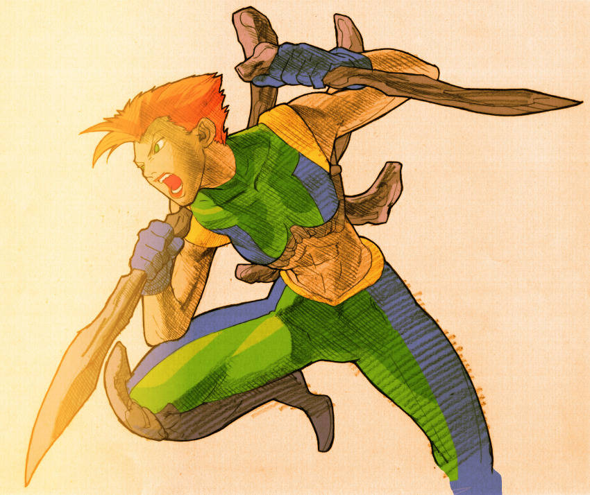 1girl 2000 angry arm_up bare_shoulders bengus bone bone_weapon capcom dual_wielding facing_to_the_side fighting_stance game_cg gloves green_eyes highres holding holding_weapon leg_up marrow_(x-men) marvel marvel_vs._capcom marvel_vs._capcom_2 midriff non-web_source official_art red_hair scan short_hair sidelighting simple_background solo weapon x-men