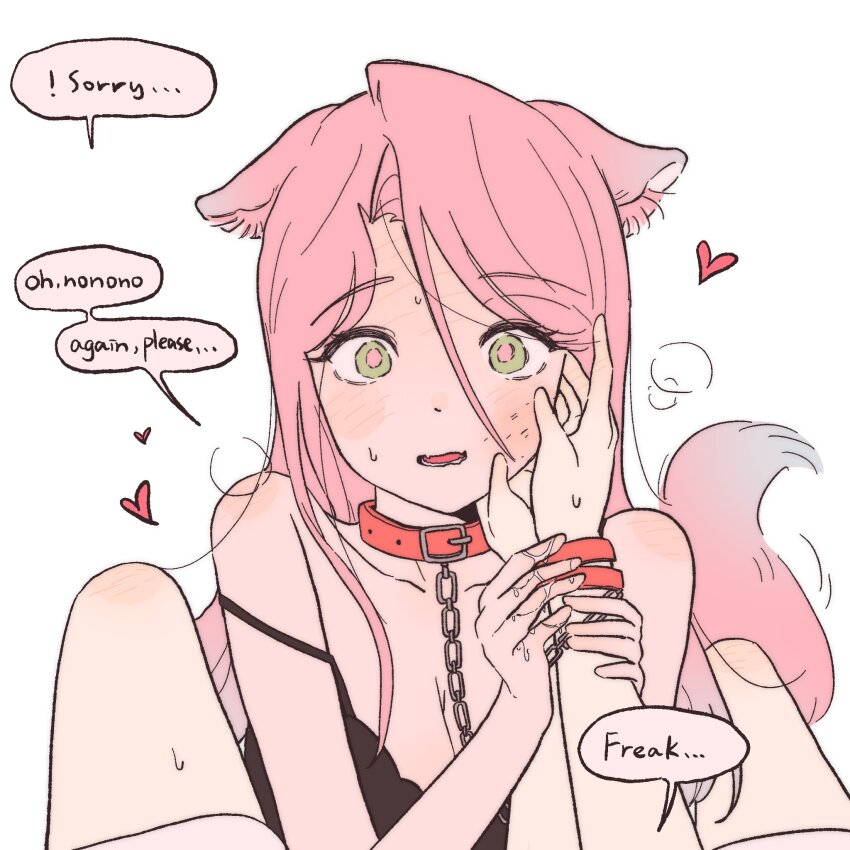 2girls alien_stage animal_ears bruise bruise_on_face chain chain_leash coldmeow collar commentary dog_ears dog_girl dog_tail english_commentary english_text green_eyes hand_on_another&#039;s_face highres injury leash long_hair mizi_(alien_stage) multiple_girls pink_hair sua_(alien_stage) tail