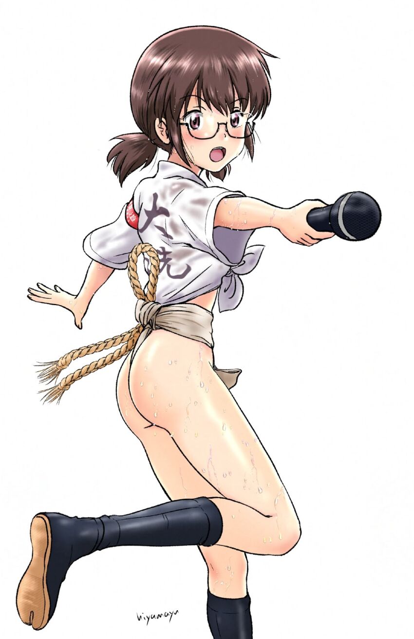 1girl ass blush brown_eyes brown_hair fundoshi girls_und_panzer glasses highres hiyama_yuu_(wee259hiyama) japanese_clothes microphone open_mouth ou_taiga short_hair smile solo sweat twintails