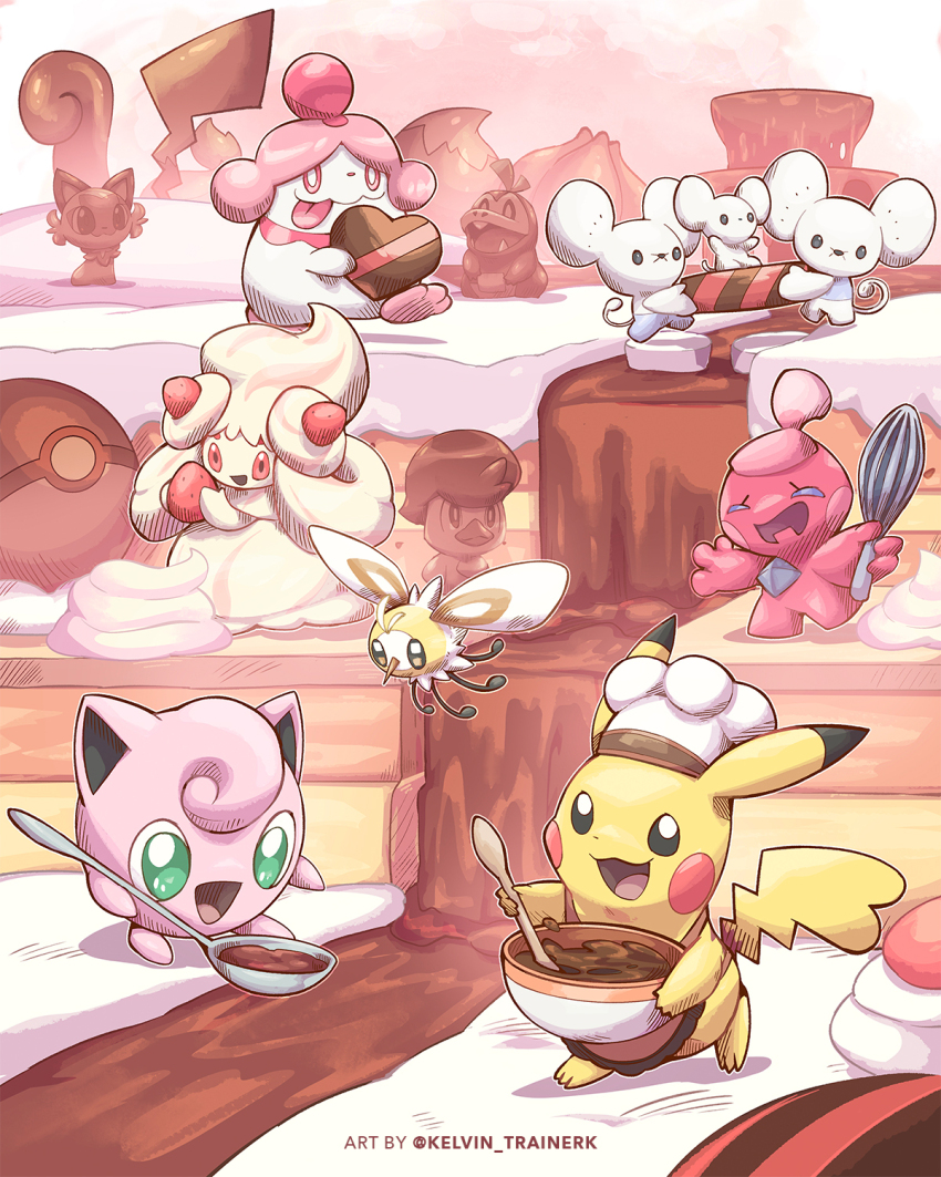 :d alcremie chef_hat chocolate commentary cutiefly food fruit fuecoco gen_1_pokemon gen_6_pokemon gen_7_pokemon gen_8_pokemon green_eyes hat highres holding jigglypuff kelvin-trainerk maushold maushold_(family_of_three) mixing_bowl nintendo no_humans open_mouth pikachu pokemon pokemon_(creature) quaxly slurpuff smile spoon sprigatito strawberry themed_object tinkatink tongue twitter_username watermark white_headwear