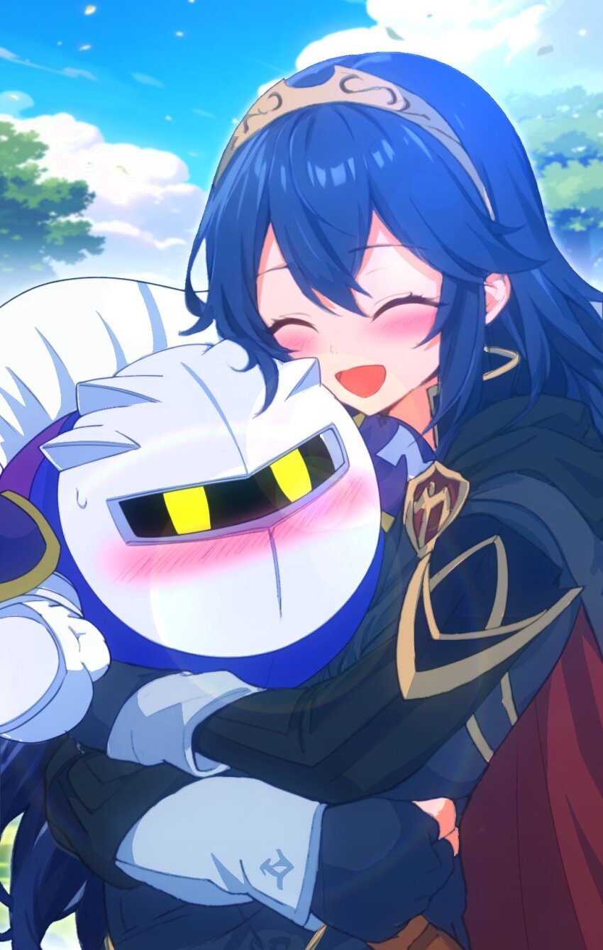 1girl :d blue_cape blue_hair blue_sky blush cape cloud commentary_request double-parted_bangs fire_emblem fire_emblem_awakening highres hug kakk_e kirby_(series) lucina_(fire_emblem) meta_knight nintendo open_mouth red_cape sky smile super_smash_bros. sweat tiara two-sided_cape two-sided_fabric two-tone_cape yellow_eyes