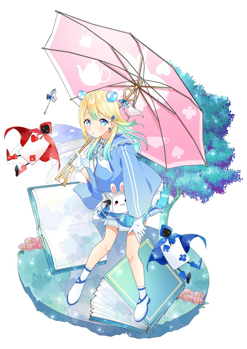 #compass 1girl absurdres aoharu_alice aqua_hair bag blonde_hair blue_cloak blue_eyes blue_footwear blue_sailor_collar blue_shirt blue_skirt blush book boots bow card cloak club_(shape) diamond_(shape) earrings eyes_in_shadow female_focus flower food-themed_hair_ornament frilled_sailor_collar frills gloves gradient_hair grass hair_bow hair_ornament hand_up handbag heart heart-shaped_pupils heat highres holding holding_umbrella hood hood_up hooded_cloak jewelry jpeg_artifacts kiritani_(kiritani1210) layered_skirt long_hair long_sleeves looking_at_viewer miniskirt multicolored_hair mushroom mushroom_hair_ornament neckerchief official_art open_book open_mouth outdoors oversized_object path pink_flower playing_card pleated_skirt red_cloak red_footwear road sailor_collar shirt shoes shoulder_bag simple_background skirt solo_focus spade_(shape) spoon symbol-shaped_pupils third-party_source tree two-tone_hair umbrella white_background white_footwear white_gloves white_neckerchief wide_sleeves yellow_eyes