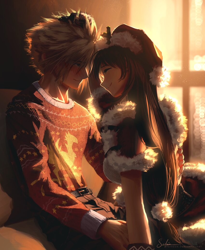 1boy 1girl absurdres belt belt_buckle black_hair blonde_hair breasts brown_pants buckle capelet chocobo christmas christmas_sweater closed_eyes closed_mouth cloud_strife commentary couple dress english_commentary final_fantasy final_fantasy_vii final_fantasy_vii_ever_crisis fur-trimmed_capelet fur-trimmed_headwear fur-trimmed_skirt fur_trim hair_ornament hat hat_ornament highres holly holly_hat_ornament indoors large_breasts long_hair looking_at_another official_alternate_costume pants pom_pom_(clothes) pom_pom_hair_ornament print_sweater red_capelet red_headwear red_skirt red_sweater safaia santa_costume santa_dress santa_hat short_hair signature sitting skirt sleeveless sleeveless_turtleneck smile spiked_hair sunlight sweater tifa_lockhart tifa_lockhart_(fairy_of_the_holy_flame) turtleneck turtleneck_sweater very_long_hair white_sweater window