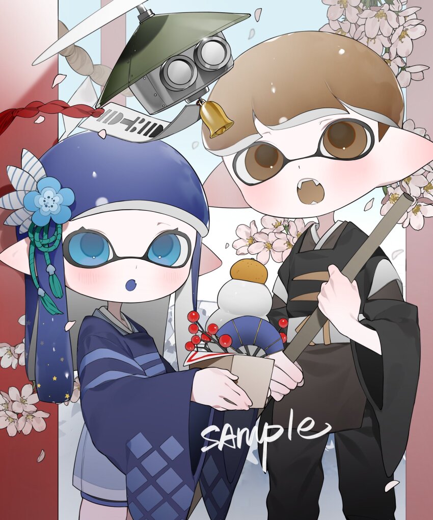 1boy 1girl :o arched_bangs black_pants black_shirt blue_eyes blue_flower blue_kimono brown_eyes brown_hair brown_tongue cherry_blossoms colored_tongue falling_petals fangs flower food fruit gomi20021021 hair_flower hair_ornament highres holding inkling inkling_boy inkling_girl inkling_player_character japanese_clothes kagami_mochi kimono long_hair long_sleeves mandarin_orange nintendo open_mouth pants petals pointy_ears purple_hair purple_tongue sample_watermark sanbou shirt short_hair splatoon_(series) tentacle_hair watermark wide_sleeves