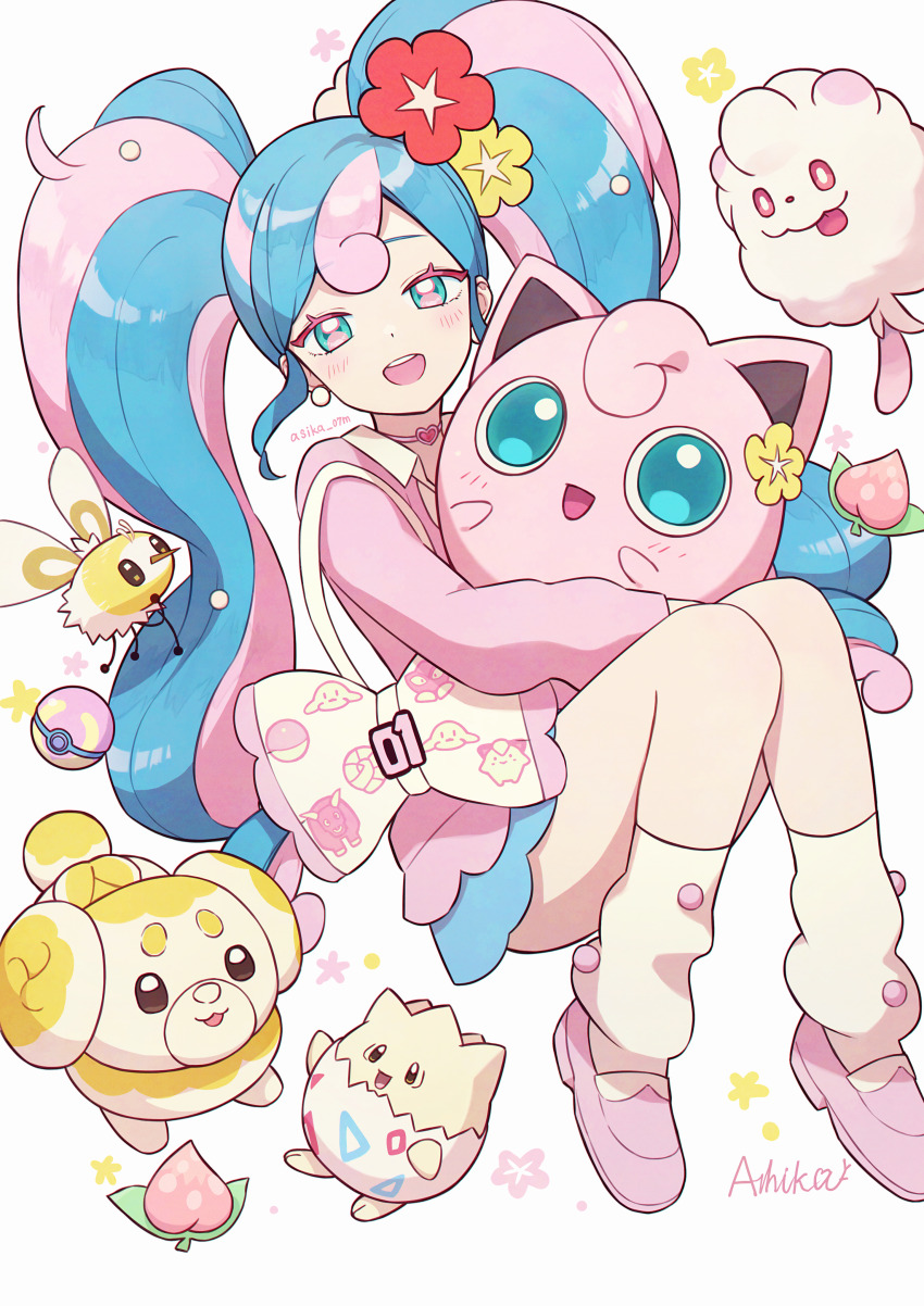 1girl absurdres aqua_eyes aqua_skirt artist_name ashika_(yftcc948) berry_(pokemon) blue_hair blush bull_sprite_(pokemon) cardigan choker chromatic_aberration clefairy_sprite_(pokemon) colored_eyelashes commentary cutiefly earrings fairy_miku_(project_voltage) fidough fish_sprite_(pokemon) flower flower_sprite_(pokemon) fossil_sprite_(pokemon) gen_1_pokemon gen_2_pokemon gen_6_pokemon gen_7_pokemon hair_flower hair_ornament hatsune_miku heal_ball heart heart_choker highres holding holding_pokemon hug jewelry jigglypuff leg_warmers light_blue_hair loafers long_hair long_sleeves looking_at_viewer multicolored_eyes multicolored_hair nintendo open_mouth pearl_earrings pecha_berry pillow pink_cardigan pink_choker pink_eyes pink_hair pink_shoes poke_ball poke_ball_print pokemon pokemon_(creature) print_pillow project_voltage red_flower shoes signature simple_background skirt smile swirlix teeth thighs togepi twintails twitter_username two-tone_eyes two-tone_hair upper_teeth_only vocaloid white_background white_leg_warmers yellow_flower