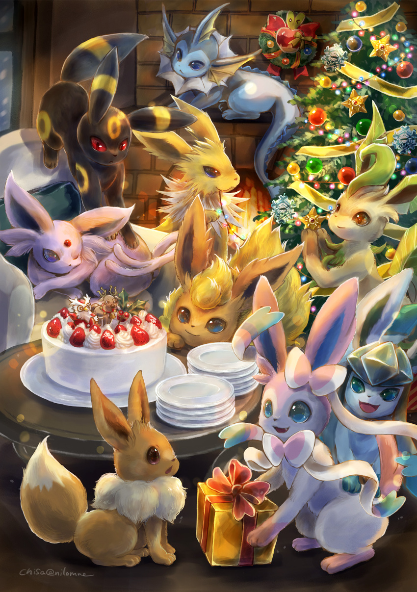applin blonde_hair blue_hair bow brown_eyes cake christmas christmas_tree cryogonal delibird eevee espeon evolutionary_line fang fins flareon food forehead_jewel fruit gen_1_pokemon gen_2_pokemon gen_4_pokemon gen_5_pokemon gen_6_pokemon gen_8_pokemon gift glaceon highres jolteon leafeon momomo12 mouth_hold nintendo open_mouth pink_hair plate pokemon pokemon_(creature) purple_hair ribbon sidelocks sitting smile stantler staryu strawberry sylveon table umbreon vaporeon