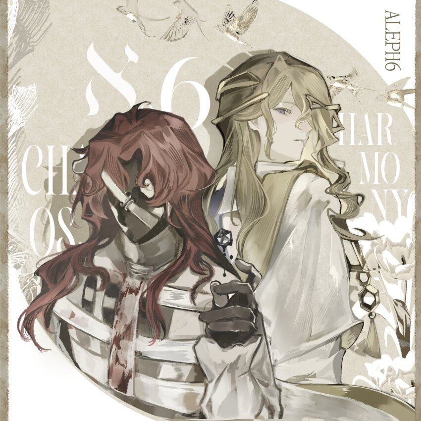 2boys 6_(reverse:1999) aleph_(reverse:1999) ancient_greek_clothes back-to-back bird black_gloves black_mask blonde_hair character_name circlet covered_face cropped_torso dice english_text gloves greco-roman_clothes hand_up highres himation klepon long_hair looking_at_viewer male_focus multiple_boys polyhedral_dice profile red_hair reverse:1999 shirt swallow_(bird) upper_body white_background white_shirt