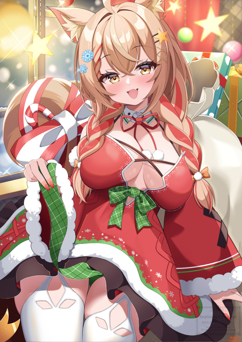 1girl :d absurdres animal_ear_fluff animal_ears blush bow bowtie braid breasts breasts_apart brown_hair candy candy_cane cat_ears collar commentary commentary_request detached_collar dress elegant_(sumisumi4268) english_commentary fingernails food fur-trimmed_dress fur_trim gift hair_between_eyes hair_ornament hairclip highres holding large_breasts long_hair long_sleeves looking_at_viewer mixed-language_commentary multicolored_hair nail_polish open_mouth original red_bow red_bowtie red_dress red_hair red_nails red_ribbon ribbon smile solo streaked_hair thighhighs very_long_hair white_collar white_thighhighs yellow_eyes