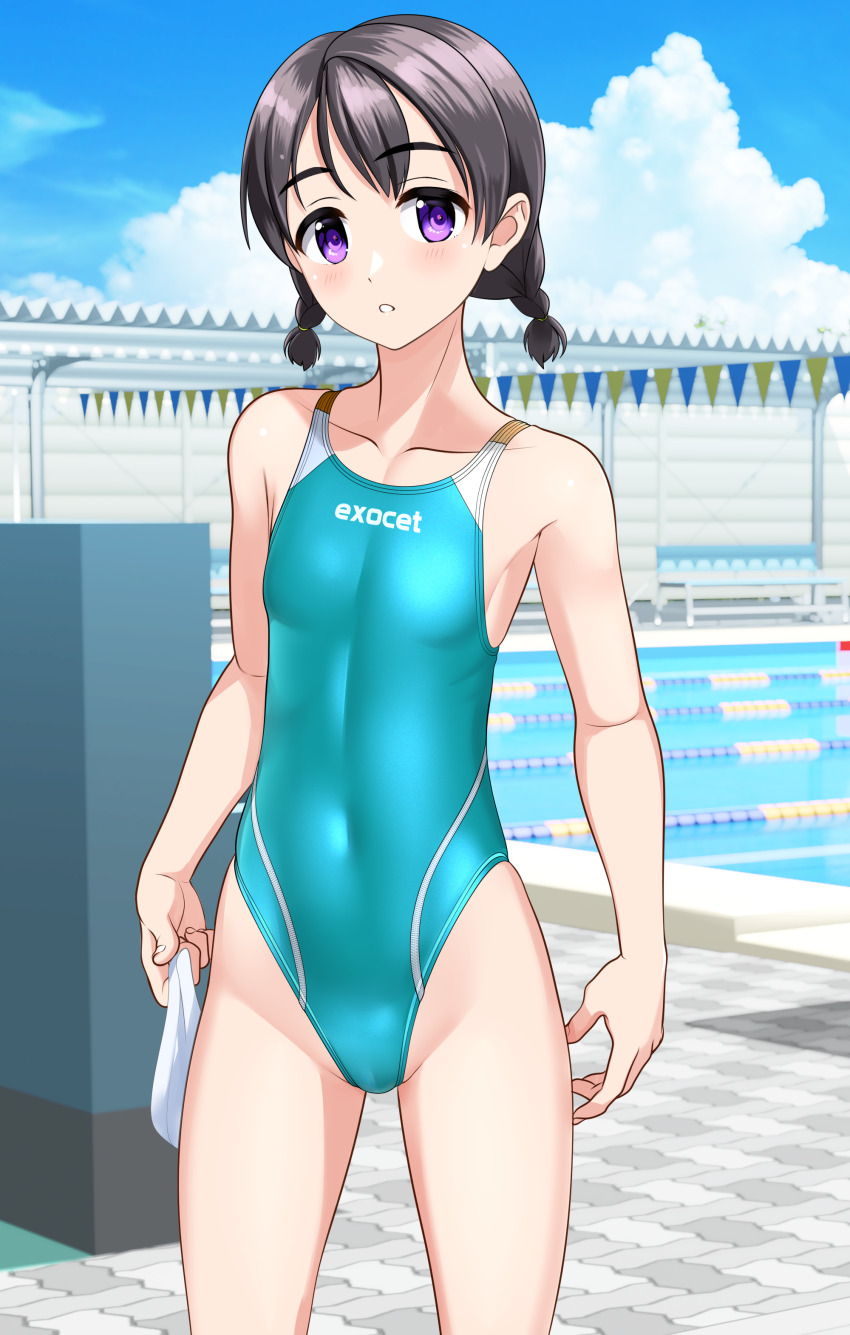1girl absurdres aqua_one-piece_swimsuit black_hair blue_sky braid breasts clothes_writing cloud commentary_request competition_swimsuit day feet_out_of_frame highleg highleg_one-piece_swimsuit highres lane_line looking_at_viewer low_twintails medium_hair multicolored_swimsuit one-piece_swimsuit original outdoors pool purple_eyes sky small_breasts solo standing string_of_flags swimsuit takafumi twin_braids twintails unworn_swim_cap variant_set