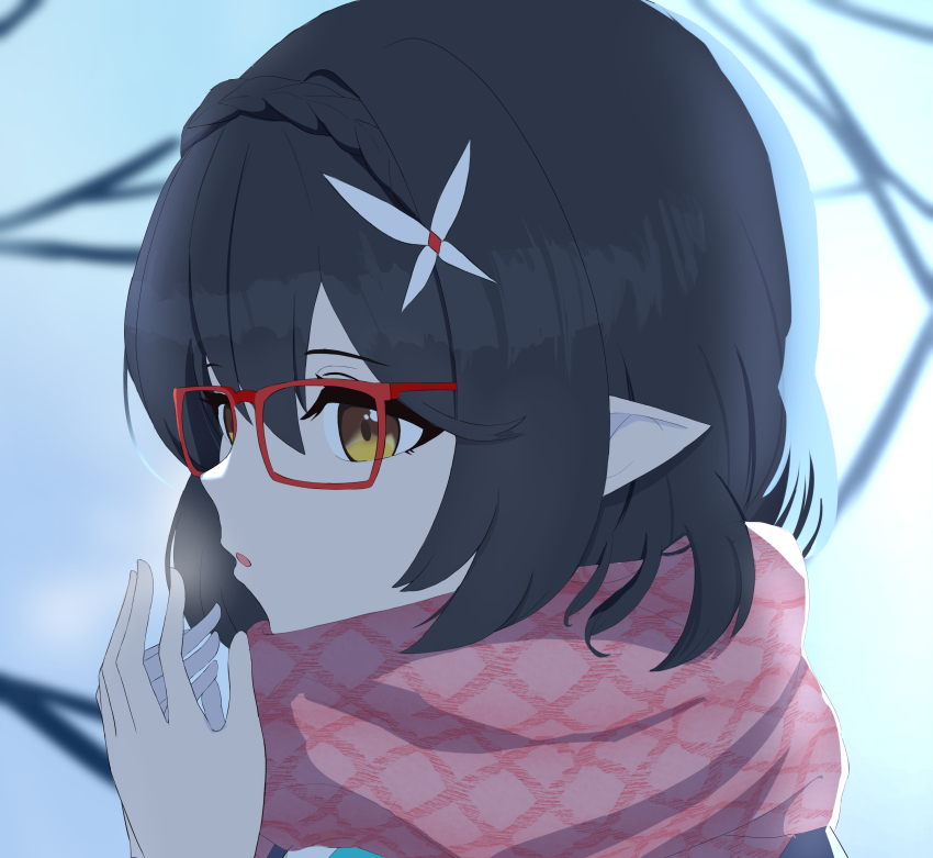 1girl absurdres ayane_(blue_archive) black_hair blue_archive blurry blurry_background braid checkered_clothes checkered_scarf crown_braid flower glasses hair_flower hair_ornament hands_up highres open_mouth osiruko230 pink_scarf pointy_ears portrait red-framed_eyewear scarf solo white_flower yellow_eyes