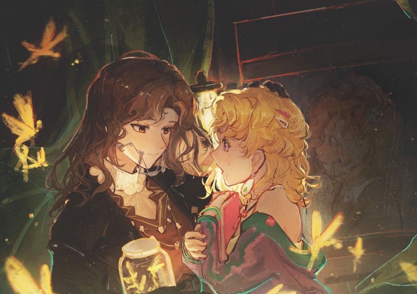 2girls absurdres black_coat black_gloves blonde_hair blonney braces brown_eyes brown_hair coat curly_hair dark_background different_reflection dress eye_contact face-to-face fairy film_grain from_side gloves glowing hand_on_another&#039;s_head hands_up headpat highres holding holding_jar holding_notebook jacket jar long_hair looking_at_another mangxia_xiang_chi_mangguo multiple_girls notebook off_shoulder open_mouth profile purple_eyes purple_jacket red_dress reflection reverse:1999 shirt smile tooth_fairy_(reverse:1999) upper_body white_shirt