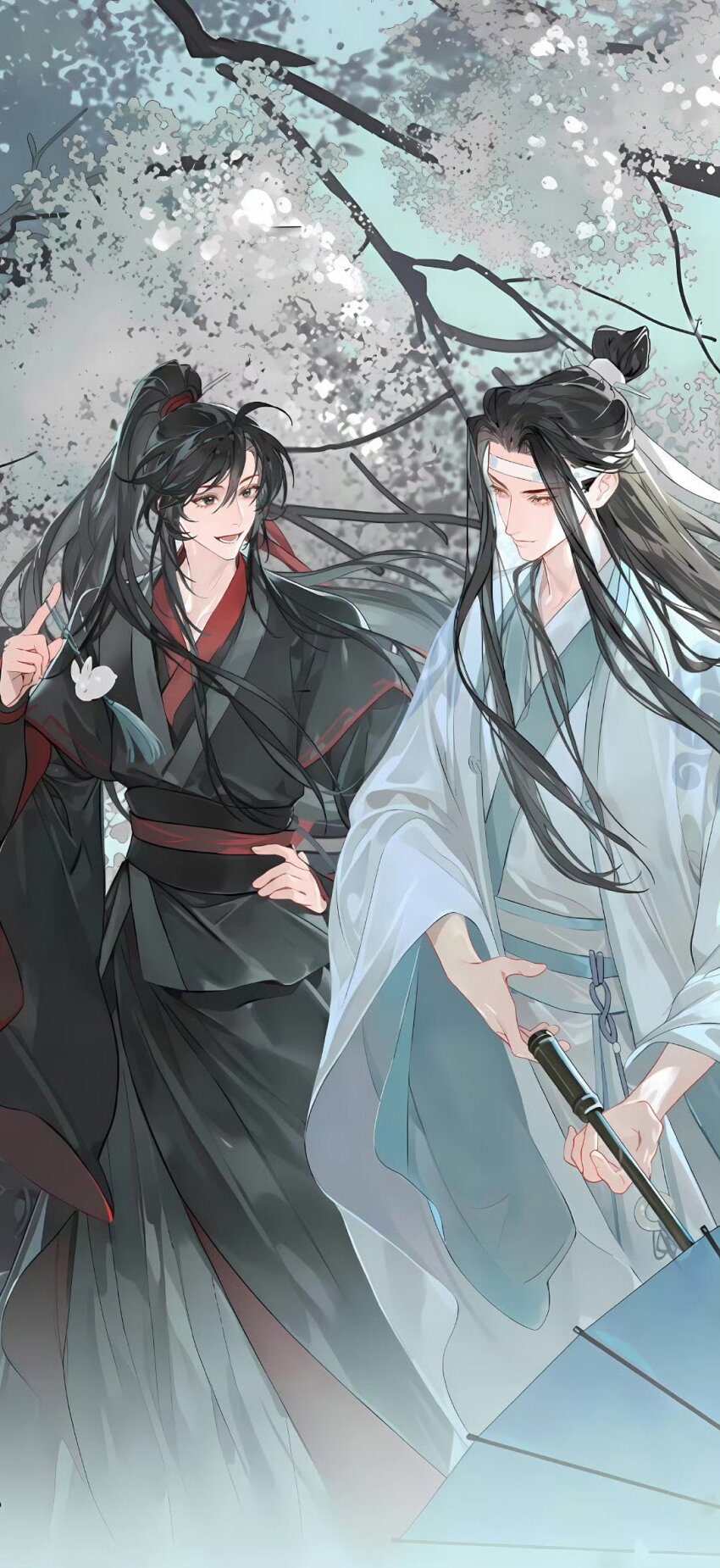 2boys ahoge bishounen black_eyes black_hair black_hanfu branch chinese_clothes closed_mouth day eyelashes floating_hair flower hair_ribbon hand_on_own_hip hand_up hanfu headband high_ponytail highres holding holding_tassel holding_umbrella index_finger_raised lan_wangji long_hair long_sleeves looking_at_another male_focus modao_zushi multiple_boys non-web_source official_art oil-paper_umbrella open_mouth outdoors ponytail red_ribbon ribbon robe sash sidelocks sleeves_past_wrists smile standing tassel topknot tree umbrella very_long_hair wei_wuxian white_flower white_headband wide_sleeves xiao_guan_(headdress) yaoi yaopei yellow_eyes