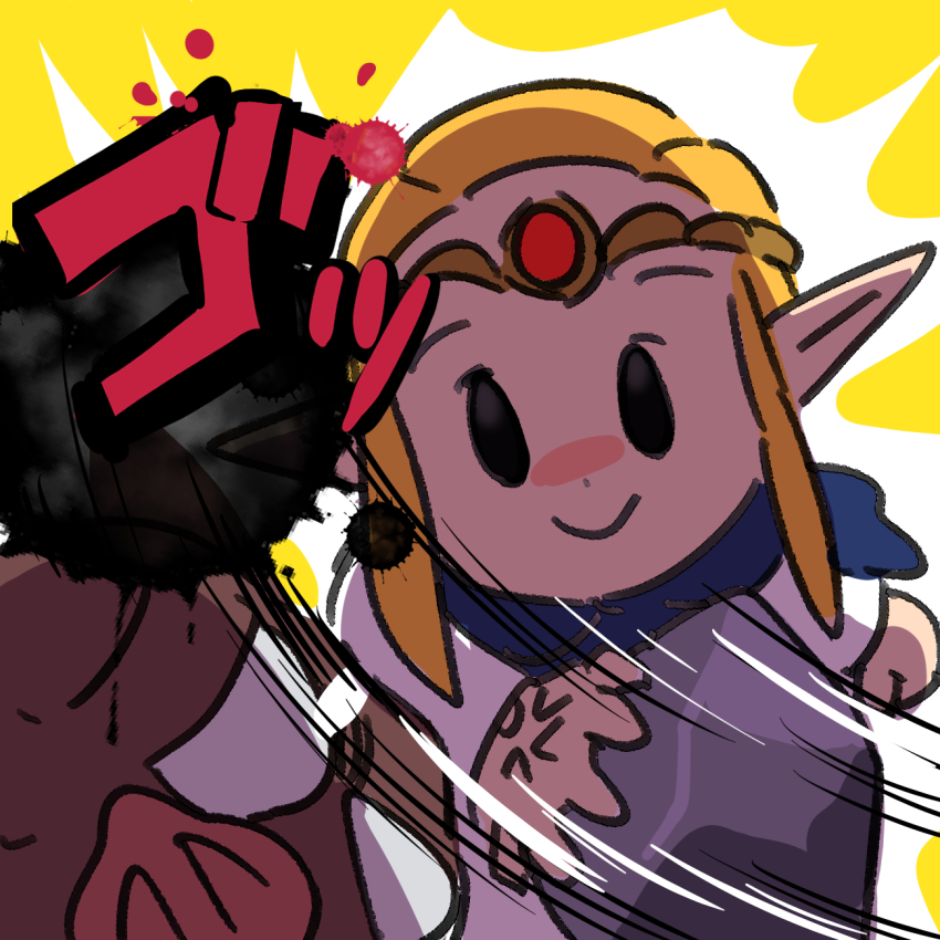 1girl anger_vein blonde_hair chibi dress false_smile highres hood long_hair moblin monster nintendo pointy_ears princess_zelda rock smile the_legend_of_zelda the_legend_of_zelda:_echoes_of_wisdom violence yuuri_(fukuroudou)