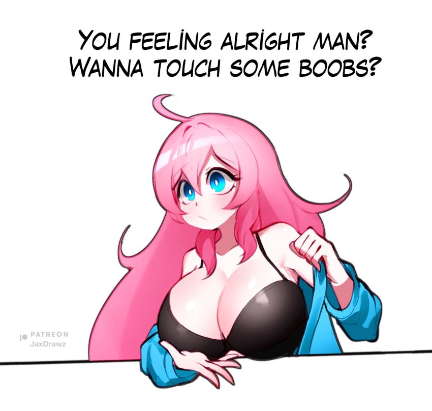 1girl ahoge bare_shoulders black_bra blue_eyes bra breasts bright_pupils daijoubu?_oppai_momu?_(meme) english_text hair_between_eyes highres huge_breasts jaxdrawz long_hair meme original simple_background solo sophie_(jaxdrawz) underwear undressing upper_body white_background white_pupils