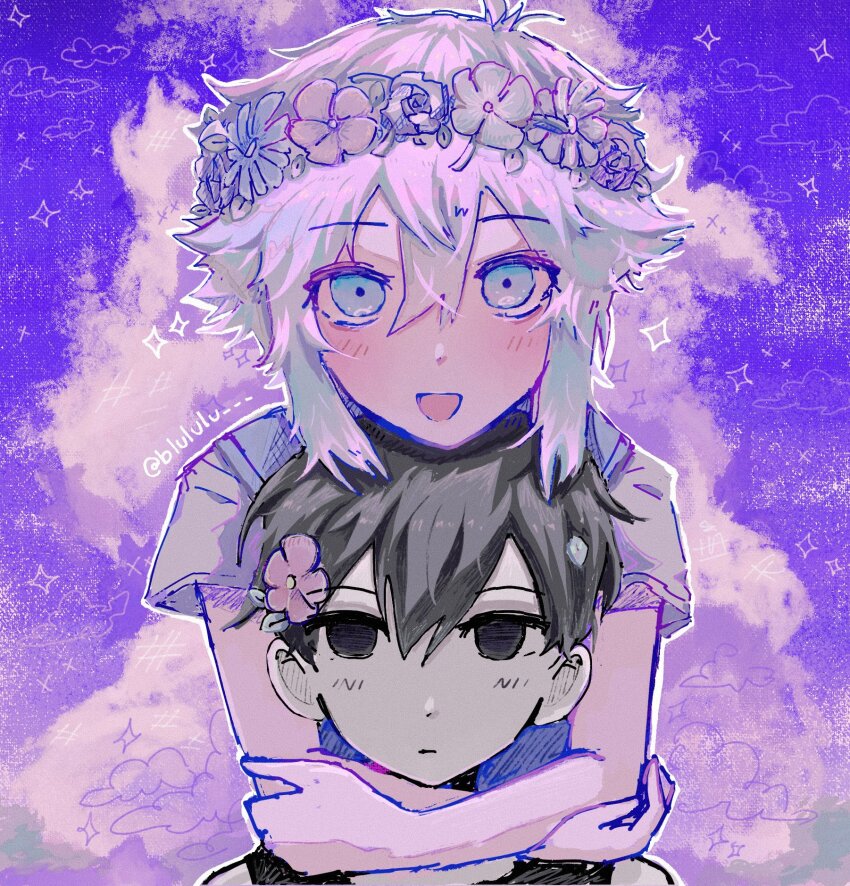 2boys :d androgynous antenna_hair bare_shoulders basil_(headspace)_(omori) basil_(omori) black_eyes black_hair black_tank_top blue_eyes closed_mouth cloud colored_skin commentary crossed_arms cumulonimbus_cloud derivative_work double-parted_bangs empty_eyes english_commentary flower flower_wreath grey_flower grey_hair grey_rose grey_shirt hair_behind_ear hair_between_eyes hair_flower hair_ornament head_wreath highres hug hug_from_behind leaf looking_at_viewer lulu_(blululu) male_focus multiple_boys no_pupils omori omori_(omori) open_mouth outdoors outline pink_flower portrait purple_sky rose screenshot_redraw shirt short_hair short_sleeves sidelocks sky smile sparkle straight-on tank_top upper_body white_outline white_skin