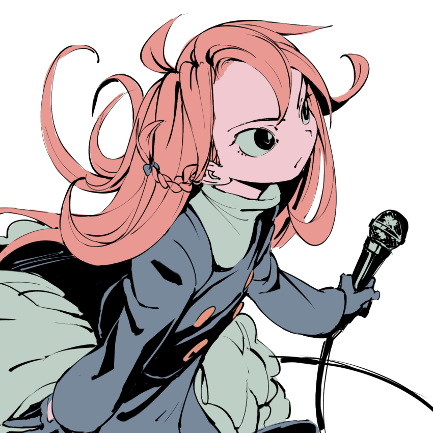 1boy black_coat black_eyes black_gloves blonde_hair bow braid buttons closed_mouth coat commentary cookie_(touhou) cowboy_shot crossdressing expressionless floating_hair genderswap genderswap_(ftm) gloves grey_bow grey_shirt hair_bow highres holding holding_microphone kirisame_marisa long_hair looking_afar male_focus microphone petticoat rei_(cookie) shirt side_braid simple_background single_braid solo touhou trap white_background ym_(nicoseiga18386039)