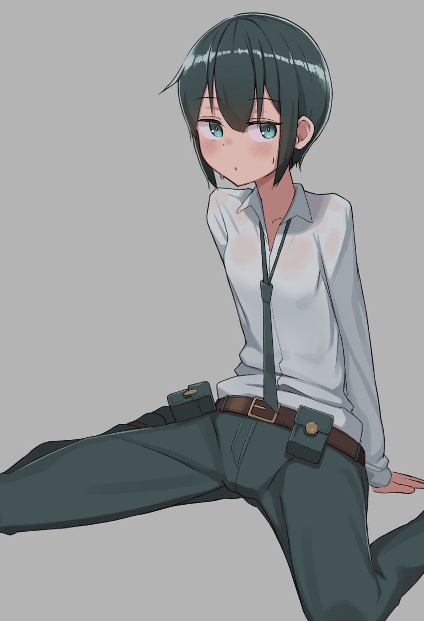 1girl absurdres akts625 androgynous arm_support arms_behind_back belt belt_buckle belt_pouch blush breasts bright_pupils brown_belt buckle closed_mouth collared_shirt commentary dot_mouth dress_shirt green_eyes green_hair green_necktie green_pants grey_background hair_between_eyes highres kino_(kino_no_tabi) kino_no_tabi long_sleeves looking_at_viewer looking_to_the_side loose_necktie necktie on_ground pants parted_lips pouch romaji_commentary shirt short_hair simple_background sitting small_breasts spread_legs sweat sweatdrop tomboy very_short_hair wariza wet wet_clothes wet_shirt white_pupils white_shirt wide_spread_legs