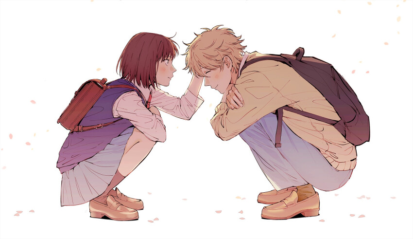 1boy 1girl backpack bag black_bag blonde_hair blue_pants blue_skirt blue_vest blush brown_bag brown_footwear brown_hair closed_eyes couple falling_petals highres iwakura_mitsumi legs necktie pants petals petting pink_petals red_necktie ruffling_hair school_uniform shima_sousuke shoes skip_to_loafer skirt socks sophie_(spark7291) sweater sweater_vest vest white_background yellow_sweater