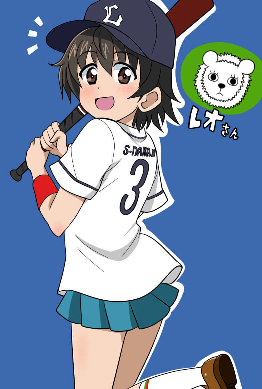 1girl alternate_costume baseball_bat baseball_cap baseball_jersey blue_background blue_hat blue_skirt brown_eyes brown_hair brown_shoes character_name clothes_writing commentary_request girls_und_panzer hat highres holding holding_baseball_bat jersey leg_up leopon_(animal) miniskirt nakajima_(girls_und_panzer) notice_lines open_mouth pleated_skirt shirt shoes short_hair short_sleeves single_horizontal_stripe skirt smile socks solo standing standing_on_one_leg translated wakku_kan white_shirt white_socks wristband