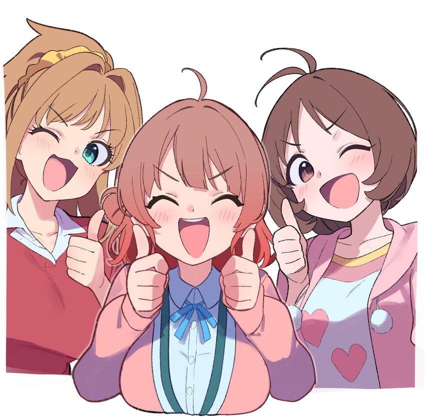 3girls :3 ^_^ absurdres ahoge antenna_hair blue_ribbon blush breasts brown_eyes brown_hair cardigan closed_eyes collarbone double_thumbs_up gakuen_idolmaster green_eyes hair_bun hair_ornament hair_scrunchie hanami_ume hands_up hatsuboshi_gakuen_school_uniform heart heart_print hidaka_ai high_ponytail highres hino_akane_(idolmaster) idolmaster idolmaster_cinderella_girls idolmaster_dearly_stars jacket large_breasts long_hair long_sleeves looking_at_viewer medium_breasts multiple_girls neck_ribbon one_eye_closed open_clothes open_jacket open_mouth outside_border pink_cardigan pink_jacket pink_shirt pom_pom_(clothes) ponytail print_shirt red_shirt ribbon school_uniform scrunchie shirt short_hair short_sleeves simple_background single_side_bun smile sutora_binsuke teeth thumbs_up upper_teeth_only v-shaped_eyebrows white_background white_shirt yellow_scrunchie