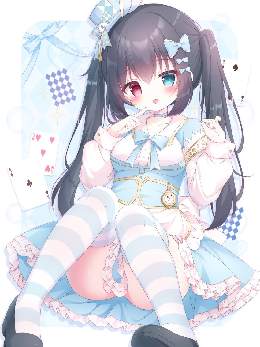 1girl :d absurdres black_hair blue_bow blush bow breasts dress frills full_body hair_between_eyes hair_bow hair_ornament hat heart highres holding long_hair long_sleeves looking_at_viewer open_mouth original puffy_sleeves red_eyes ribbon shirt shoes sitting skirt sleeves_past_wrists smile solo star_(symbol) striped_bow thighhighs twintails underwear usami_cocoa very_long_hair white_shirt