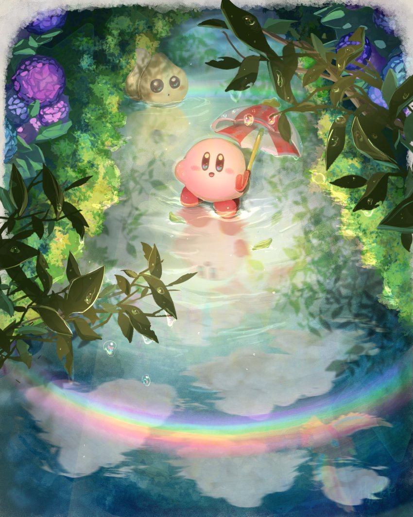 blue_eyes blush_stickers chip_(kirby) cloud dyna_blade flower highres hydrangea kirby kirby_(series) leaf looking_up nintendo parasol_kirby puddle rainbow reflection reflective_water sakatani_yen smile sunlight umbrella water_drop