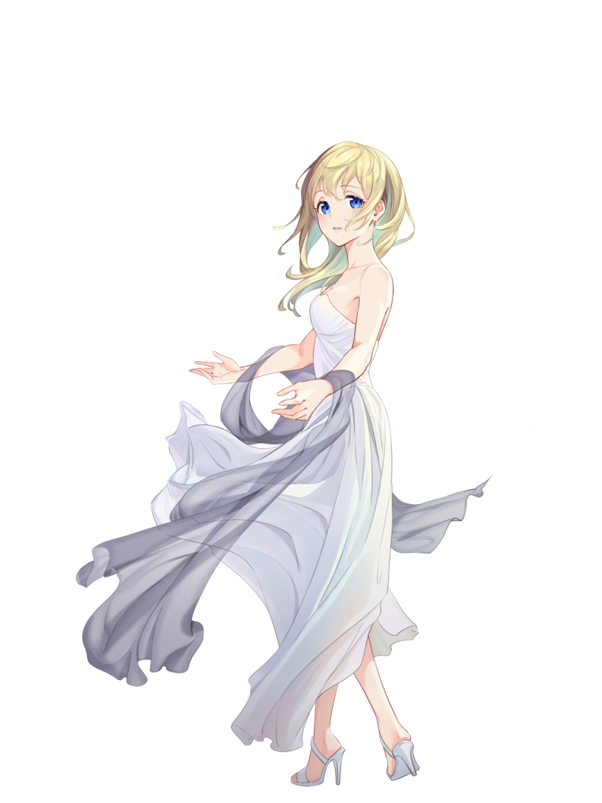 1girl asymmetrical_hair bare_shoulders blonde_hair blue_eyes breasts cleavage collarbone dress gogo_(detteiu_de) high_heels highres kingdom_hearts kingdom_hearts:_chain_of_memories looking_at_viewer namine shawl simple_background solo strapless strapless_dress white_dress white_footwear