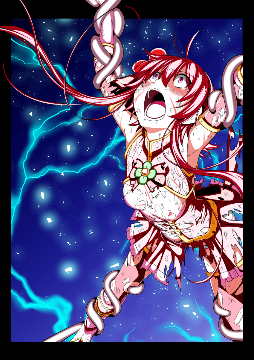 absurdres abuse arched_back arms_up back_bow beaten boots bound bound_ankles bound_arms bound_legs bound_wrists bow breasts bruise bruise_on_face buttons character_request chest_jewel constricted_pupils cuts defeat detached_sleeves dirty dirty_clothes double-breasted dress electricity gloves glowing hairband head_back highres immobilization injury koeda0111 lace lace-trimmed_dress lace_trim legs_apart magical_girl open_mouth original outstretched_arms pain panties panty_peek pink_dress pink_eyes pink_gloves pink_hair pink_skirt red_hairband restrained ryona scratches short_dress short_hair shouting sidelocks skirt sleeveless sleeveless_dress small_breasts spread_arms standing standing_on_one_leg stationary_restraints suspension tears tentacles thighhighs torn torn_clothes torn_dress torn_gloves torn_skirt torn_thighhighs torture underwear violence wide-eyed