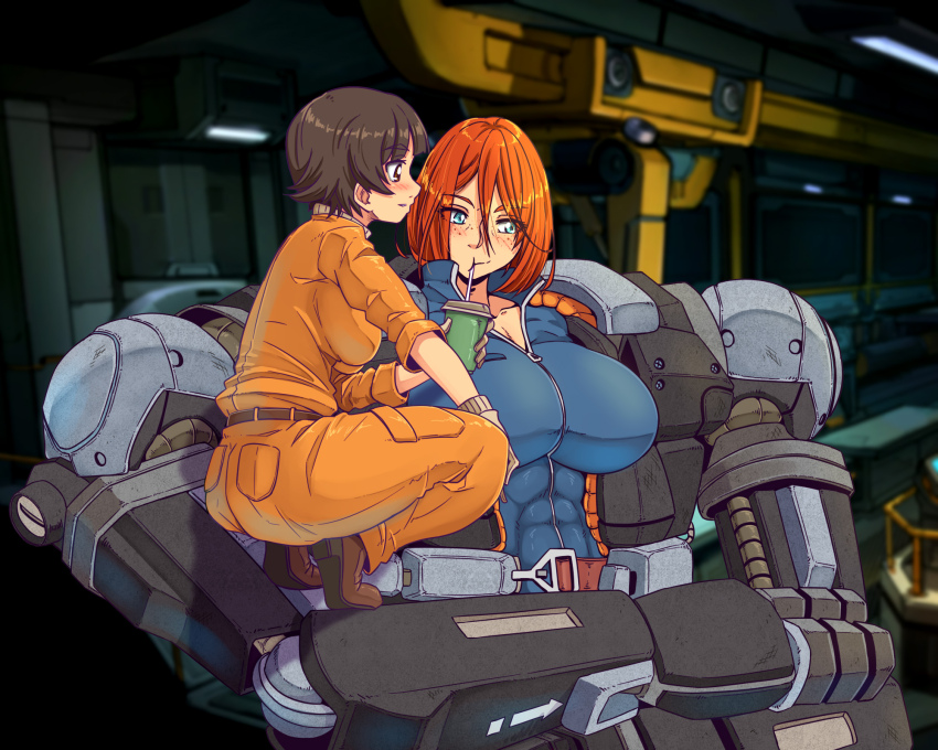 2girls blue_eyes blue_jumpsuit blush breasts brown_eyes brown_hair cleavage collarbone commentary covered_abs crossed_arms cup drinking_straw drinking_straw_in_mouth english_commentary exoskeleton freckles gammatelier hangar highres holding holding_cup jumpsuit large_breasts looking_down mecha mecha_pilot_suit multiple_girls muscular muscular_female orange_hair original robot science_fiction short_hair smile x-com