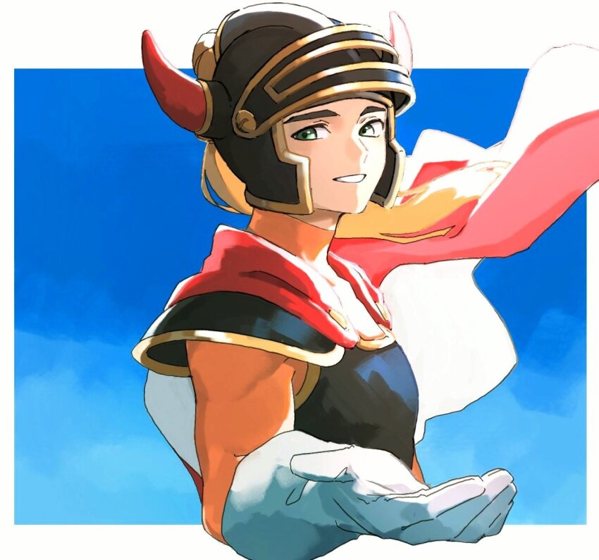 1boy 414_kurage armor blue_armor blue_eyes blue_helmet blue_sky bodysuit border cape dragon_quest dragon_quest_i fake_horns floating_cape from_side gloves helmet hero_(dq1) highres horned_helmet horns looking_at_viewer looking_to_the_side open_hand orange_bodysuit outside_border parted_lips red_cape shoulder_armor sky solo turtleneck turtleneck_bodysuit upper_body white_border white_gloves
