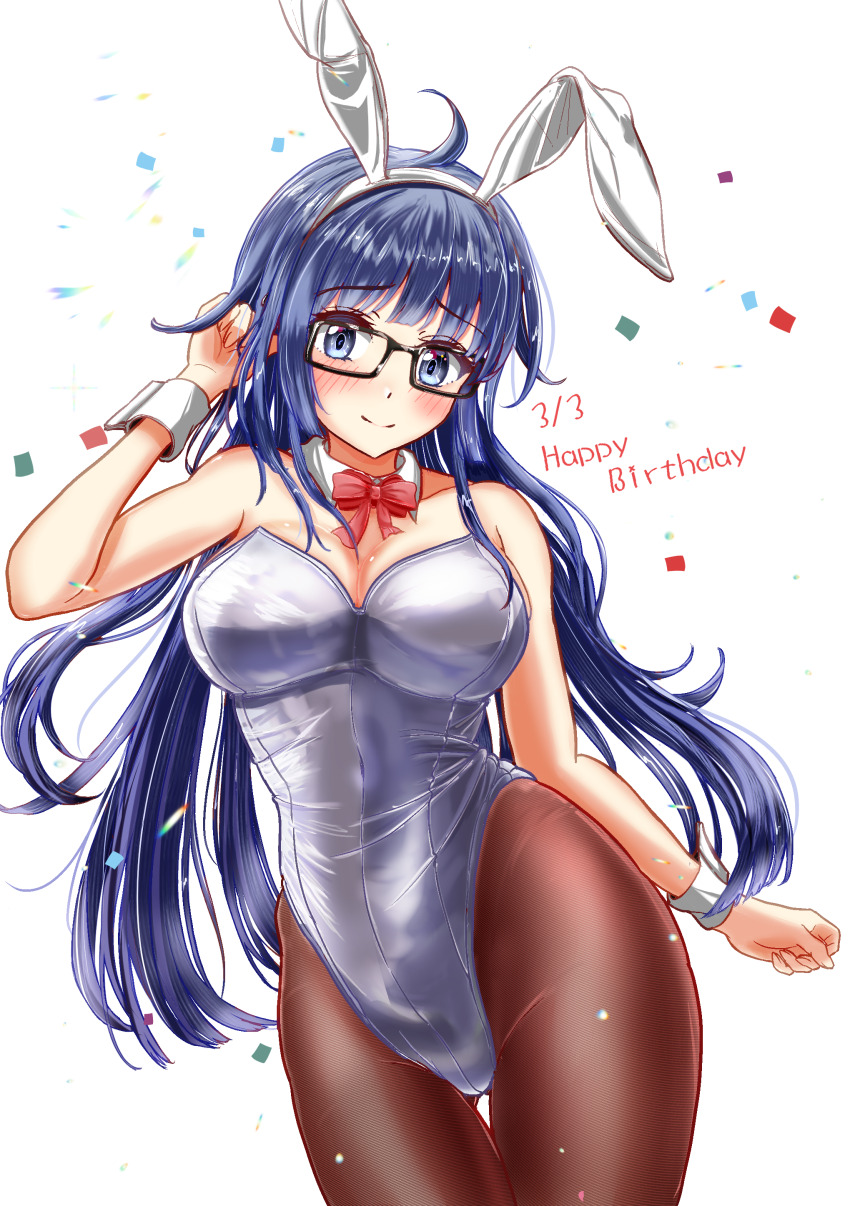 1girl absurdres ahoge animal_ears black-framed_eyewear blue_eyes blue_hair brown_pantyhose charomi dated detached_collar fake_animal_ears gero_mitsuki glasses grey_leotard hand_up happy_birthday highleg highleg_leotard highres leotard long_hair onsen_musume pantyhose playboy_bunny solo white_background wrist_cuffs