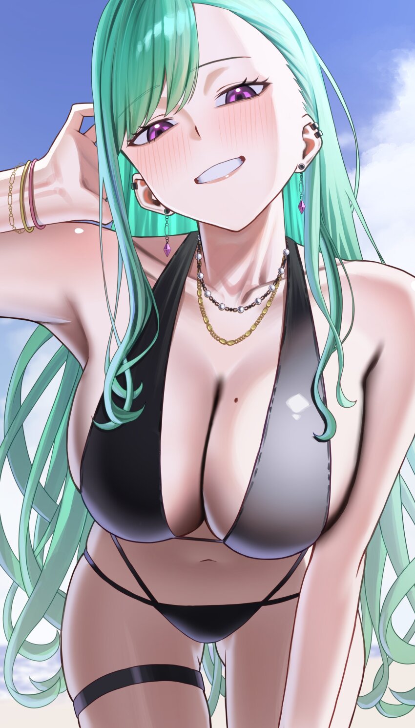 1girl absurdres adjusting_hair bikini black_bikini breasts cleavage earrings eden_(edenaldojj) from_below gluteal_fold green_hair grin halterneck highres jewelry large_breasts long_hair looking_at_viewer mole mole_on_breast necklace purple_eyes smile solo swimsuit virtual_youtuber vspo! yakumo_beni