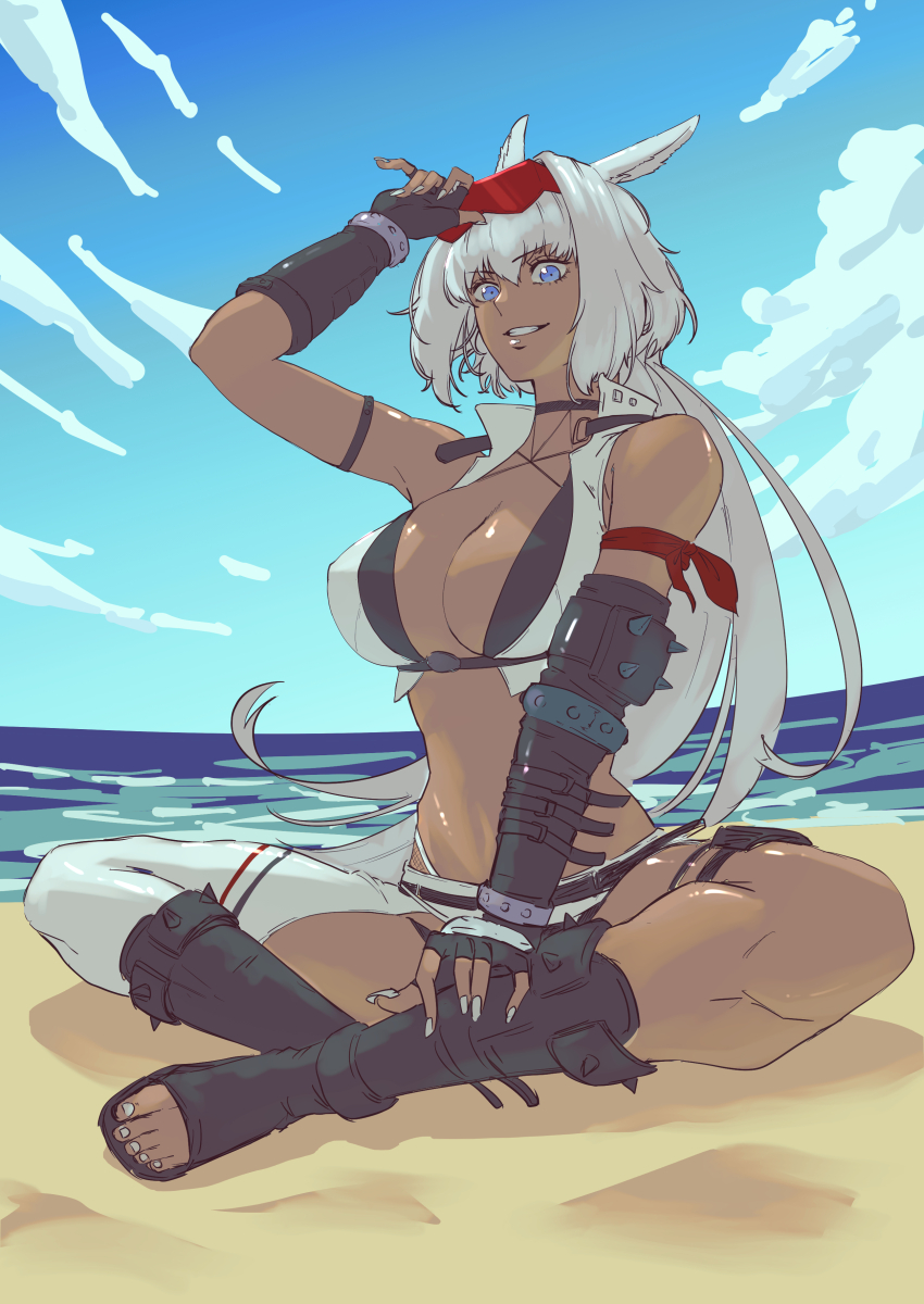 1girl absurdres animal_ears arm_up armband armlet asymmetrical_clothes asymmetrical_gloves beach bikini bikini_under_clothes black_bikini black_boots black_gloves blue_eyes boots breasts caenis_(fate) caenis_(swimsuit_rider)_(fate) caenis_(swimsuit_rider)_(second_ascension)_(fate) cloud commentary cropped_vest crotchless crotchless_pants dark-skinned_female dark_skin day elbow_gloves eyewear_on_head fate/grand_order fate_(series) fingerless_gloves full_body gloves grin hair_between_eyes hand_on_own_leg highres horse_ears indian_style jewelry large_breasts long_hair looking_at_viewer nail_polish ocean oliver_(oliverclassict) open-toe_boots open_clothes open_vest outdoors pants parted_lips popped_collar red-tinted_eyewear red_armband single_pantsleg sitting smile solo sunglasses swimsuit teeth thigh_strap tinted_eyewear toenail_polish toenails uneven_gloves vest water white_hair white_nails white_pants white_vest