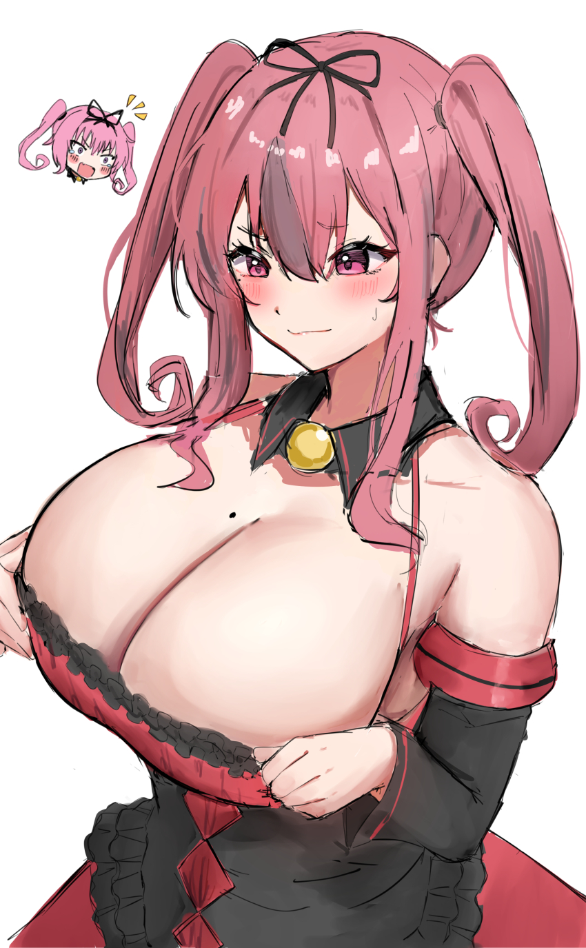 2girls absurdres azur_lane bare_shoulders black_collar black_ribbon black_sleeves blush breasts bremerton_(azur_lane) cleavage closed_mouth collar collarbone commentary_request cosplay curly_hair detached_collar detached_sleeves dress fang hair_ribbon highres huge_breasts long_hair looking_down mole mole_on_breast mole_under_eye multicolored_hair multiple_girls nana_asta_deviluke nana_asta_deviluke_(cosplay) notice_lines open_mouth pink_eyes pink_hair red_dress ribbon simple_background skin_fang soul_(dp11) streaked_hair sweatdrop tearing_up to_love-ru twintails two-tone_hair unfinished white_background