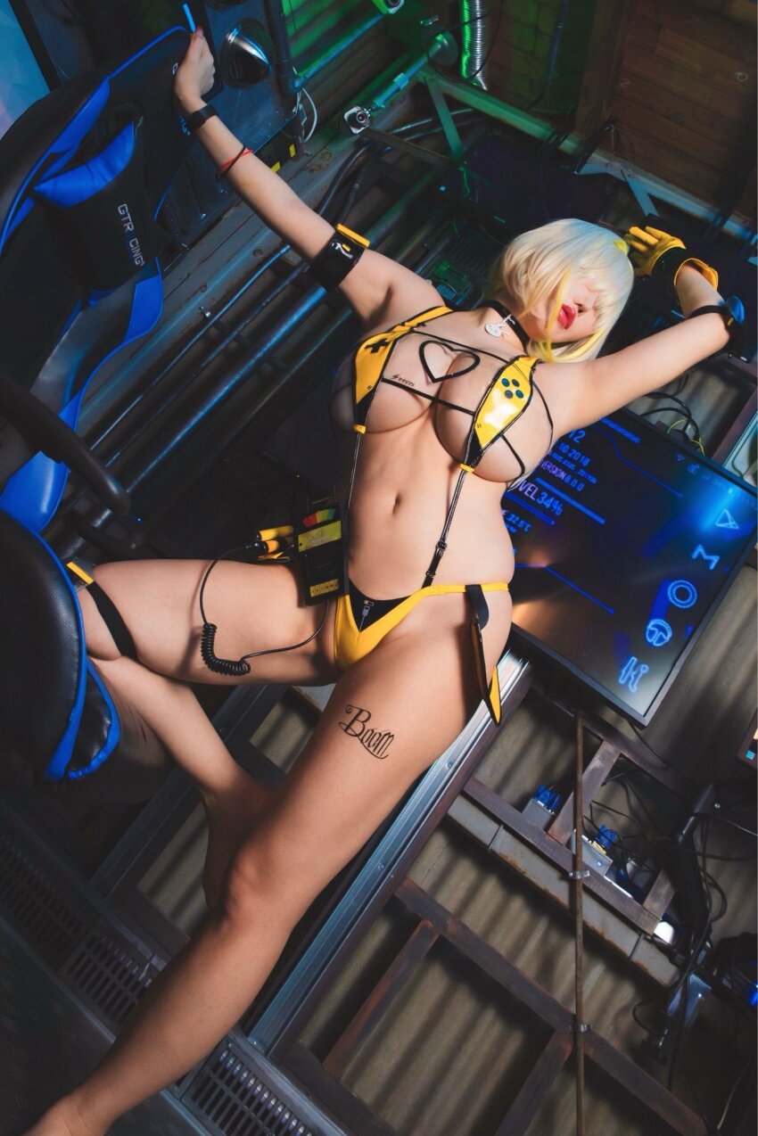 1girl bikini blonde_hair breasts cosplay elegg_(boom_and_shock)_(nikke) elegg_(boom_and_shock)_(nikke)_(cosplay) elegg_(nikke) elegg_(nikke)_(cosplay) goddess_of_victory:_nikke hair_over_eyes highres huge_breasts komachi_nene large_breasts photo_(medium) real_life swimsuit