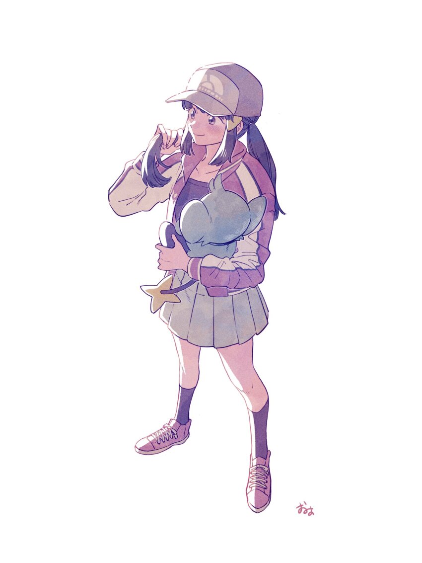 1girl closed_mouth commentary_request dawn_(pokemon) full_body gen_4_pokemon grey_skirt hair_ornament hairclip hat highres holding holding_own_hair holding_pokemon jacket knees long_hair long_sleeves nintendo omyo_(myomyomyo22) open_clothes open_jacket pleated_skirt pokemon pokemon_(creature) pokemon_bdsp purple_footwear purple_jacket shinx shirt shoes sidelocks signature skirt smile sneakers socks standing twintails white_background