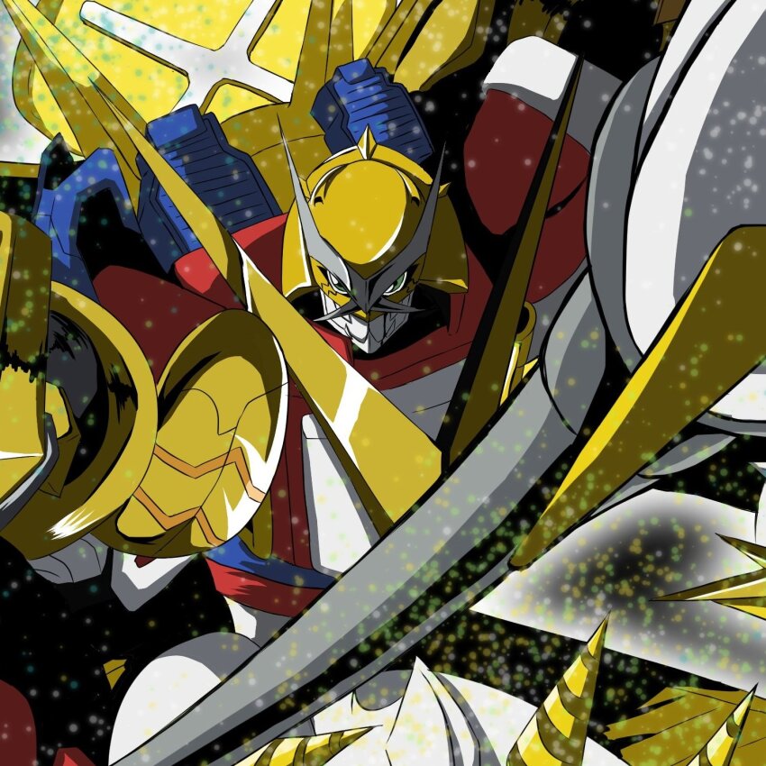 blue_eyes digimon digimon_(creature) digimon_xros_wars fusion highres looking_at_viewer microphone shoutmon_x7 solo