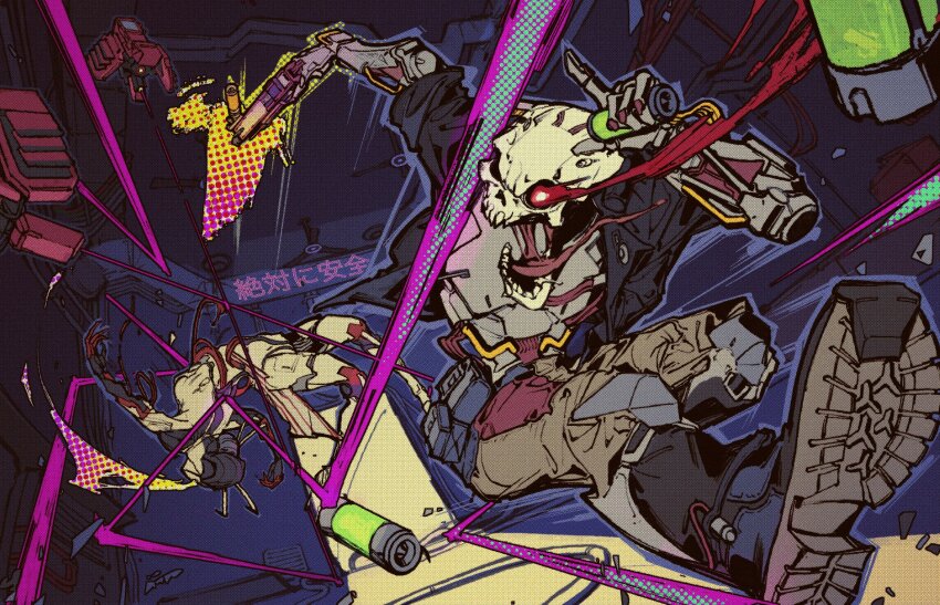 2boys android battle belt_pouch black_jacket breasts brown_pantyhose commentary deadlink_(video_game) doorway drone english_commentary firing glowing glowing_eye gun handgun headshot highres holding holding_gun holding_tube holding_weapon index_finger_raised jacket juerucj midair mixed-language_commentary multiple_boys muzzle_flash open_mouth pants pants_tucked_in pantyhose pouch projectile_trail ricocheting shell_casing short_sleeves skull weapon