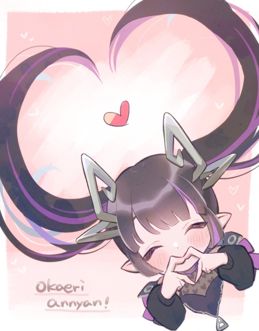 1girl black_hair black_shirt blunt_bangs blush closed_eyes commentary_request demon_horns grey_horns heart heart-shaped_hair heart_hands heart_print highres horns kojo_anna kojo_anna_(1st_costume) kuzuhana long_hair multicolored_hair nanashi_inc. pointy_ears print_shirt purple_hair romaji_text shirt solo twintails two-tone_hair upper_body virtual_youtuber