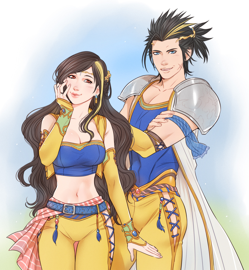 1boy 1girl alternate_costume arm_ribbon armor bare_shoulders belt belt_buckle black_hair blonde_hair blue_belt blue_ribbon blue_shirt breasts brown_hair buckle celes_chere celes_chere_(cosplay) circlet cleavage closed_mouth cosplay cow cropped_vest cross_scar crossed_arms crylin6 detached_sleeves earrings facial_scar final_fantasy final_fantasy_vi final_fantasy_vii gold_trim hand_on_own_cheek hand_on_own_face highres jewelry large_breasts midriff multicolored_hair navel pants parted_lips pauldrons ponytail ribbon sash scar scar_on_cheek scar_on_face shirt shoulder_armor sideburns smile strapless streaked_hair swept_bangs tifa_lockhart tube_top vest waist_sash yellow_pants yellow_sleeves yellow_vest zack_fair
