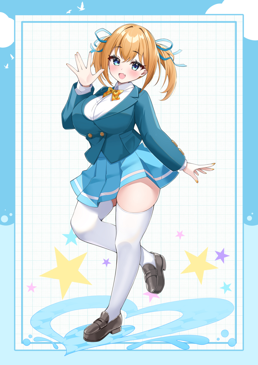 1girl absurdres aqua_skirt blue_eyes blush bow bowtie breasts brown_shoes commentary_request curvy elegant_(sumisumi4268) fang full_body hair_ribbon hand_up highres indie_virtual_youtuber jacket large_breasts leg_up loafers long_sleeves looking_at_viewer miniskirt mizuki_minamo open_mouth orange_hair original plaid_bow plaid_bowtie plaid_clothes pleated_skirt ribbon school_uniform shirt shoes short_hair skin_fang skirt smile solo standing standing_on_one_leg thighhighs thighs twintails virtual_youtuber white_shirt white_thighhighs yellow_nails