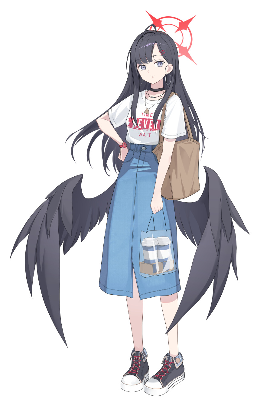 1girl absurdres alternate_costume back_hair bag black_choker black_hair black_shoes black_wings blue_archive blue_eyes blue_skirt brown_bag casual choker cup disposable_coffee_cup disposable_cup earrings feathered_wings hair_behind_ear hair_ornament hairclip hand_on_own_hip highres holding holding_bag ichika_(blue_archive) jewelry long_hair long_skirt looking_at_viewer low_wings nammmmer necklace parted_lips plastic_bag shirt shoes short_sleeves sidelocks skirt sneakers solo t-shirt watch white_shirt wings wristwatch