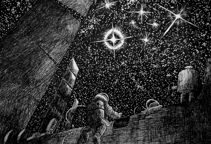 2others astronaut cable commentary_request crosshatching greyscale hatching_(texture) helmet highres looking_up monochrome multiple_others original sakajun scenery sky space space_helmet space_station spacesuit star_(sky) starry_sky